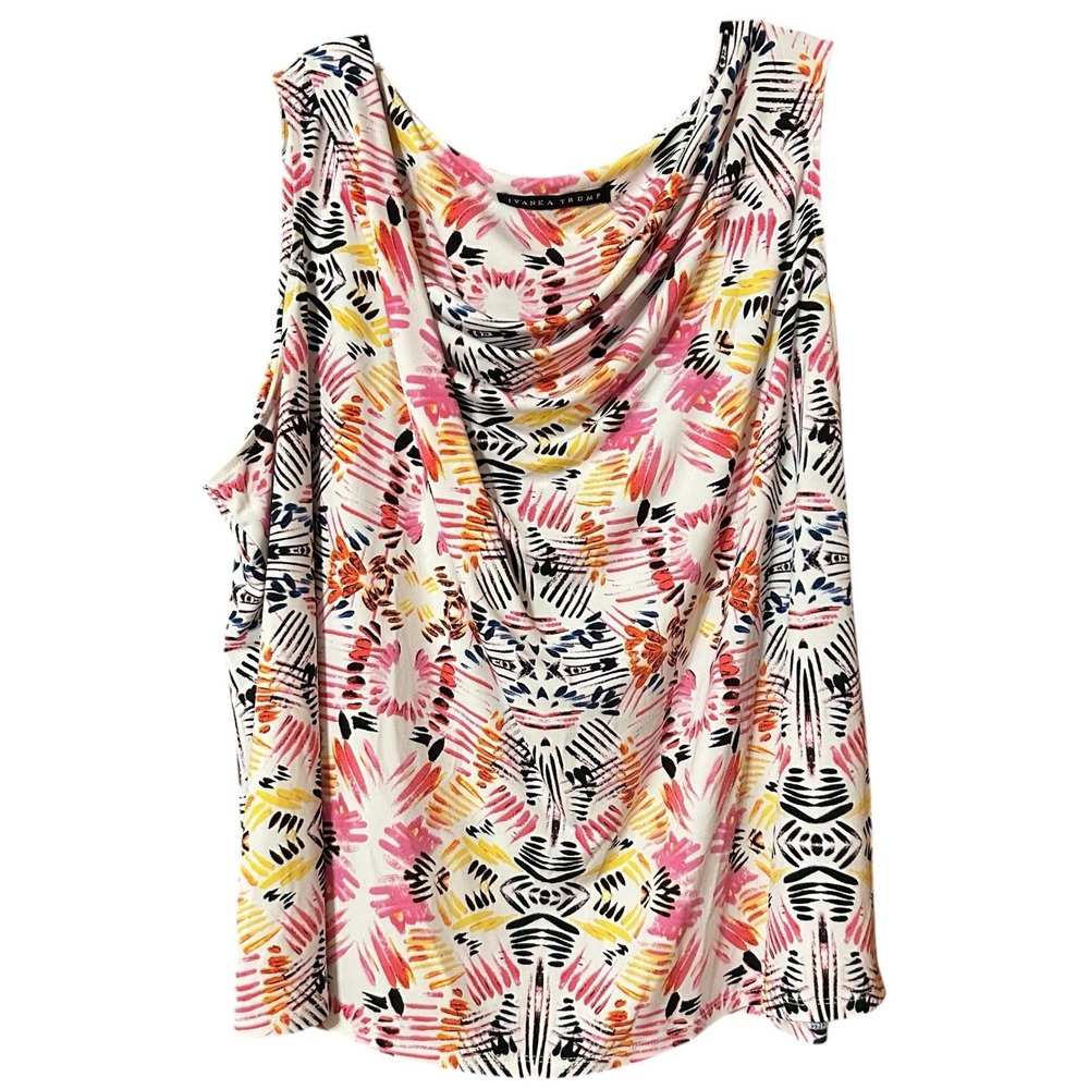 Ivanka Trump Tank‎ Top Women's Size 3X White Multi Print Asymmetric Cowl Neck